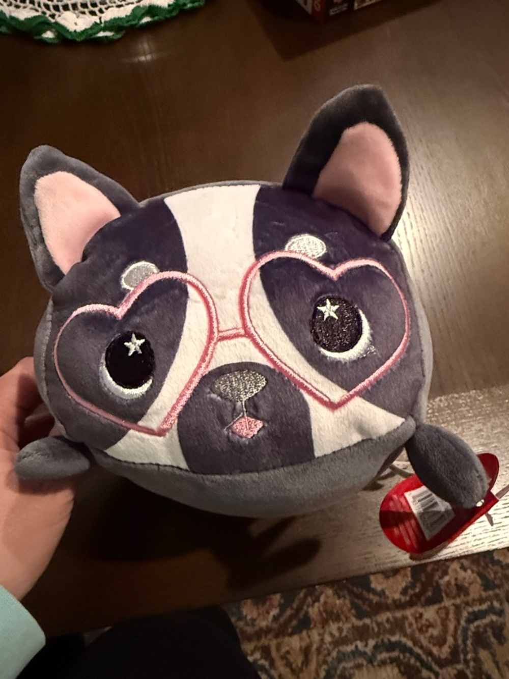 Gray and White Plush Boston Terrier with Pink Accents